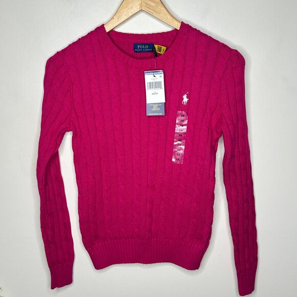 POLO RALPH LAUREN Cable Knit Cotton Crewneck Sweater Magenta Pink Sz XS NWT {U2} - Picture 2 of 6